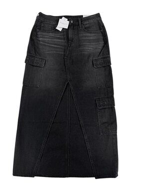 Women's American Eagle Black Low Rise Cargo Maxi Denim Skirt Size 0 25W NWT